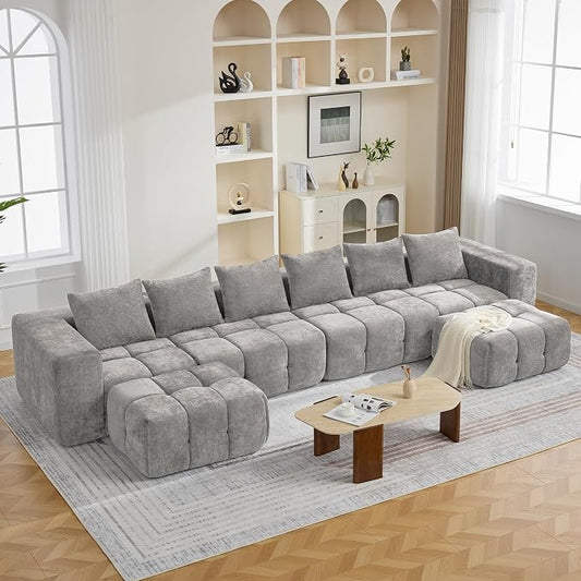 160" Boneless U-Shaped Sofa Couch with 2 Ottoman, 6 Seater Comfy Cloud Sectional Sofas with Deep Seat, Oversized Chenille Sectional Memory Foam Couches for Living Room Bedroom, Tufted Sofa, Light Grey