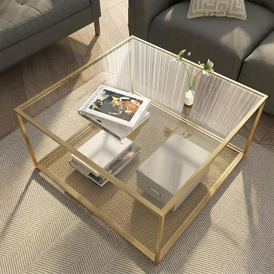 Gold Glass Coffee Table, Square Coffee Tables with Storage Shelf, Simple Tea Cocktail Modern Center Tables for Small Space, Living Room, Easy Assembly, 26 * 26in（Gold）