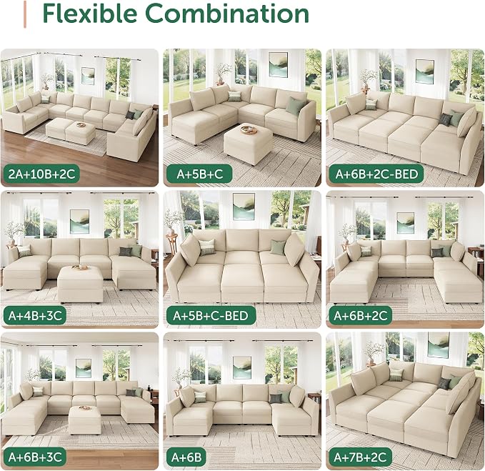 HONBAY Modular Sectional Sofa Couch with Storage, Modern U Shaped Sectional Sofa, Convertible Sectional Couch for Living Room - Beige