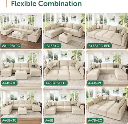 HONBAY Modular Sectional Sofa Couch with Storage, Modern U Shaped Sectional Sofa, Convertible Sectional Couch for Living Room - Beige