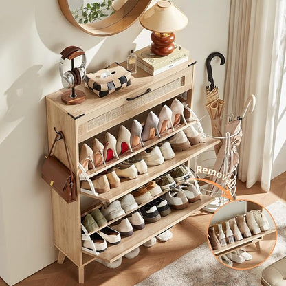 LEYAOYAO Shoe Cabinet Storage for Entryway with 2 Flip Drawers Rack Narrow Organizer Slim Hidden Wood Shoe Cabinet Furniture Natural Oak