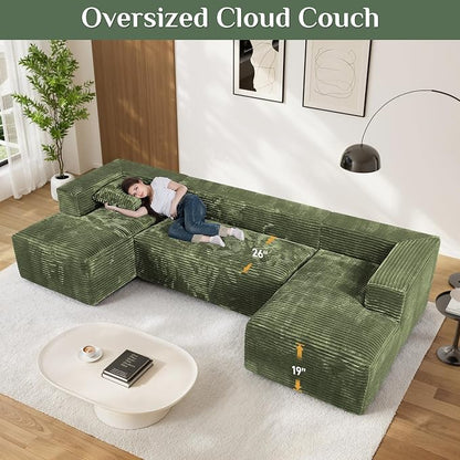 131" Oversized U Shaped Cloud Sectional Couches for Living Room, Comfy Fluffy Corduroy Green Boneless Sectionals Couch, Plush Memory Foam Modular Sectional Sofa with Chaise- 19" Seat Height