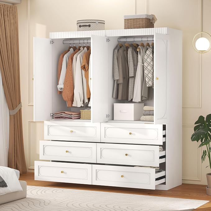 Wooden Wardrobe Closet with Doors: 75" Tall White Armoire Wardrobe Closet with 6 Drawers and 4 Doors, Modern Clothes Cabinets for Bedroom Armoires with Hanging Rod (6-Drawers, 63")
