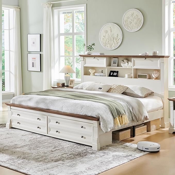 Farmhouse Queen Size Bed Frame with 54" Tall Storage Bookcase Headboard, Wood Platform Bed Frame with 2 Drawers & 18" Tall Roman Column Decoration Footboard, No Box Spring Needed(Antique White)