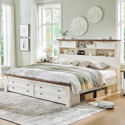 Farmhouse Queen Size Bed Frame with 54" Tall Storage Bookcase Headboard, Wood Platform Bed Frame with 2 Drawers & 18" Tall Roman Column Decoration Footboard, No Box Spring Needed(Antique White)