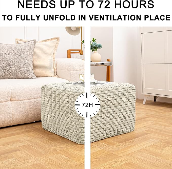 Asuprui Round Square Pouf Ottoman Foot Rest – Lightweight Modern Footstool with Plush Foam Filling, Perfect for Living Room Decor & Cozy Comfort – 20x20x14 Inch Chic Accent Piece (Cream)