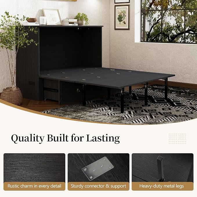 Ihanherry Full Murphy Bed with Storage Drawer, Farmhouse Cabinet Bed with LED Lights & Charging Station, Space Saving Wall Bed for Small Bedroom/Home Office, Noise Free & Easy Assembly, Rustic Black