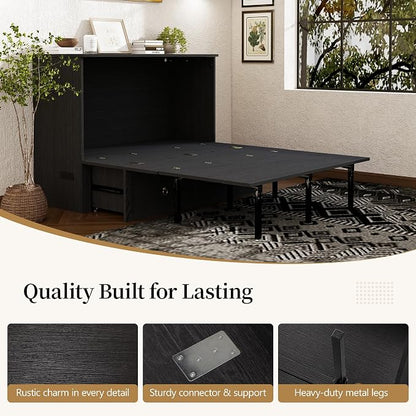 Ihanherry Full Murphy Bed with Storage Drawer, Farmhouse Cabinet Bed with LED Lights & Charging Station, Space Saving Wall Bed for Small Bedroom/Home Office, Noise Free & Easy Assembly, Rustic Black