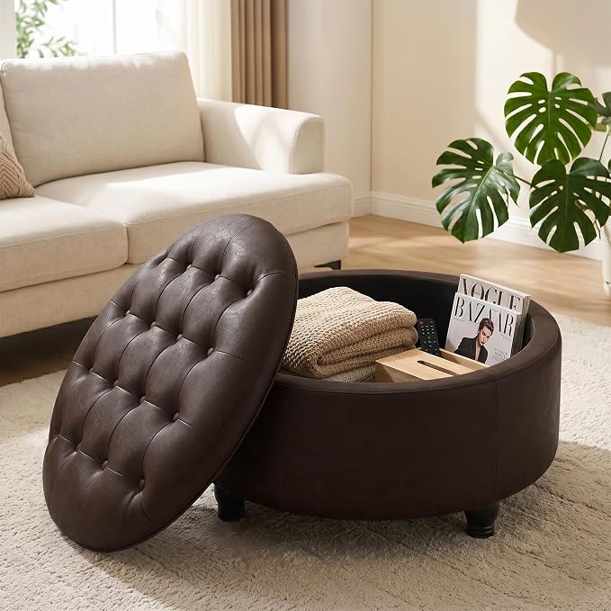 30-Inch Round Storage Ottoman, Button Tufted Ottoman Coffee Table with Removable Top for Living Room, Bedroom, Office (Dark Brown)
