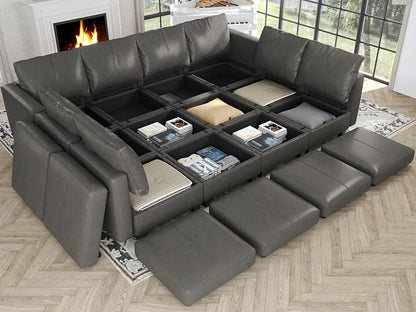 EASE MOOSE Oversized Modular Sectional Sleeper Sofa with Storage, Faux Leather sectional Sofa Large Modular Sofa Couch Sleeper for Living Room,Grey
