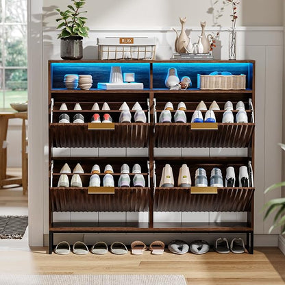 VINGLI Walnut Fluted Shoe Cabinet for Entryway, Narrow Hidden Shoe Storage Organizer with 4 Flip Drawers & 16-Color LED Lights, Mid Century Modern Slim Freestanding Shoe Rack with Cubby
