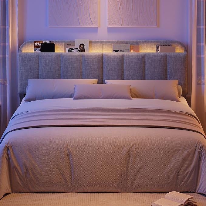 Headboard for King/California King Size Bed, Upholstered Bed HeadBoard with Storage, Linen Fabric Head Board with Vertical Channel Design, Height Adjustable, Easy to Assemble, Light Grey
