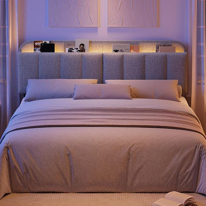 Headboard for King/California King Size Bed, Upholstered Bed HeadBoard with Storage, Linen Fabric Head Board with Vertical Channel Design, Height Adjustable, Easy to Assemble, Light Grey