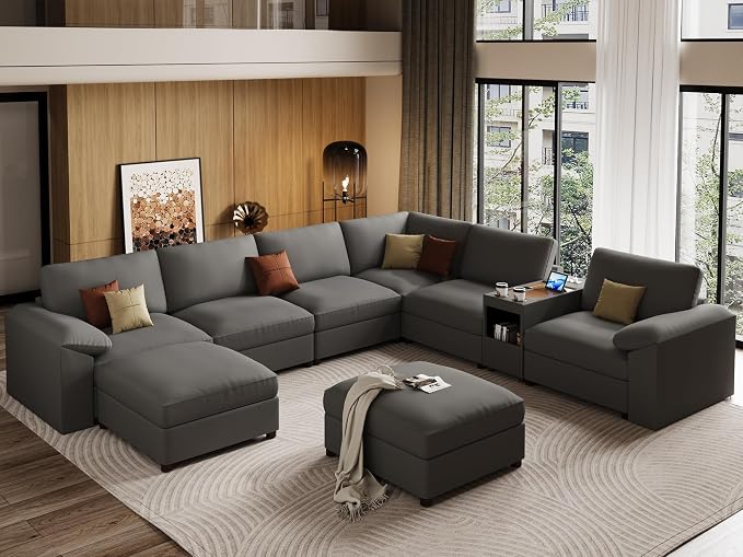 EASE MOOSE Faux Leather Sectional Couch with Console, Oversized Modular Sofa, Modern Comfy Modular Couch, Scratch Resistant Material Sofas, U Shaped Couch for Big Spaces, Grey