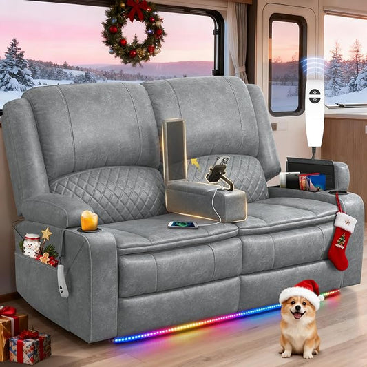 Loveseat Recliner Sofa, Power Reclining Loveseat Sofa RV Couch with Removable Armrest and Remote Control, Wall Hugger Home Theater Seating with 2-Tier Cushions, Storage & USB Ports, PU Grey