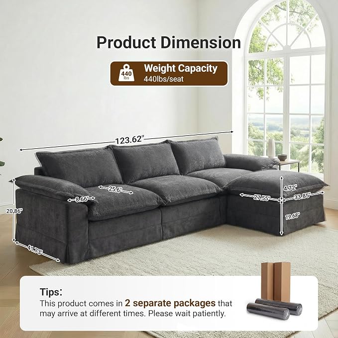 Claiks 123" Modular Boneless Couch, L Shaped Couch for Living Room, Modern Deep Seat Sofa 3 Seater Chenille Fabric Comfy Cloud Couches with Movable Ottoman, Dark Grey