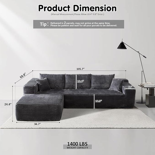 ovios 104" Cloud Boneless Couch with L-Shape Chaise,Modern Sectional Modular Sofa with Deep Seat, Upholstered Couches for Living Room Bedroom,No Assembly Required, Grey (Plush Corduroy Fabric)
