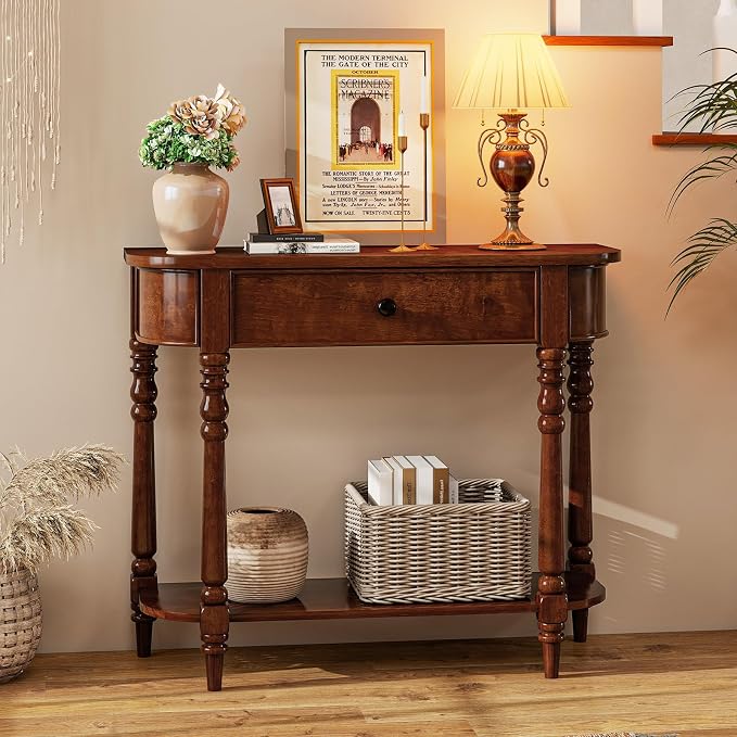 Giantex 2-Tier Console Table, 36" Retro Entryway Table with Storage Drawer & Elegant Legs, Narrow Wooden Sofa Table with Open Shelf for Living Room, Foyer, Hallway, Bedroom, Entrance (Brown)