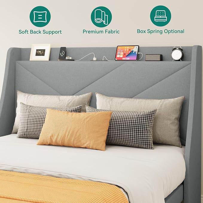 YITAHOME Storage Bed Frame, Queen Size Bed Frame with Type-C & USB Port and 2 Drawers, Upholstered Headboard Storage Shelf Platform Bed, No Box Spring Needed, Easy Assembly, Grey