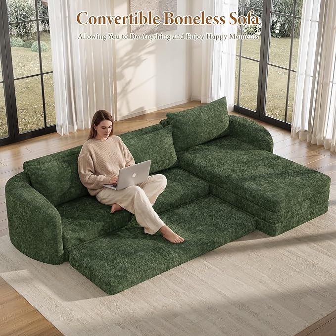 Vesgantti 110.2" Boneless Sectional Couch with Curved Armrest, 6 in 1 Convertible Folding Sleeper Sofa Bed, Chenille Modular Sofa for Living Room, No Assembly Required, Green, Right Facing Chaise
