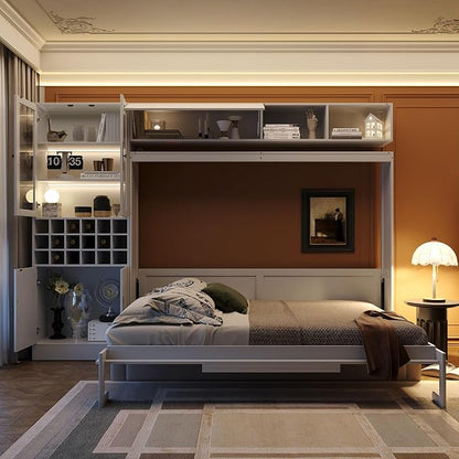 Queen Murphy Bed with Couch, Storage Shelves and USB, Folding Wall Bed | Stores bed and mattress together, with built-in light, 600 lbs capacity and 8-10 in mattress support for small spaces