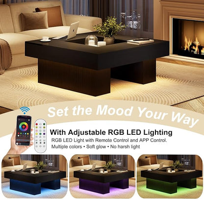 LVB Black Coffee Table, Modern Wood Led Living Room Table with Storage, Unique Large Wide Square Center Table with LED Light, Contemporary Low Tea Table for Bedroom Home Office, 39.37 Inch, Black Oak
