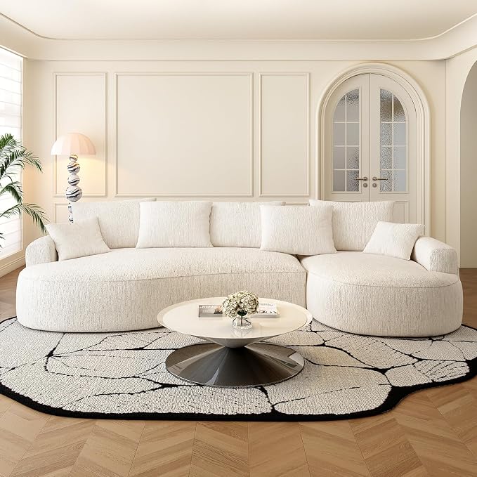 115-inch L-Shaped Luxurious Modern Contoured Curved-Back Sofa, a Seamless Boneless Design with Curved Silhouette, Ideal for Living Room use(Right Chaise,White)