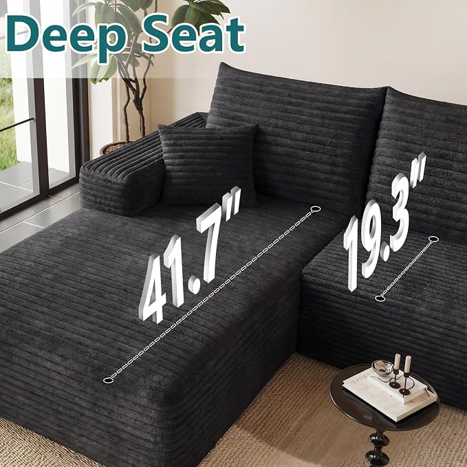 95" Modular Sectional Couch, Boneless L Shaped Cloud Sofa with Chaise Lounge, Corduroy Upholstered Couches Memory Foam Deep Seat, No Assembly Required, Ideal for Living Room(Black, Left Facing)