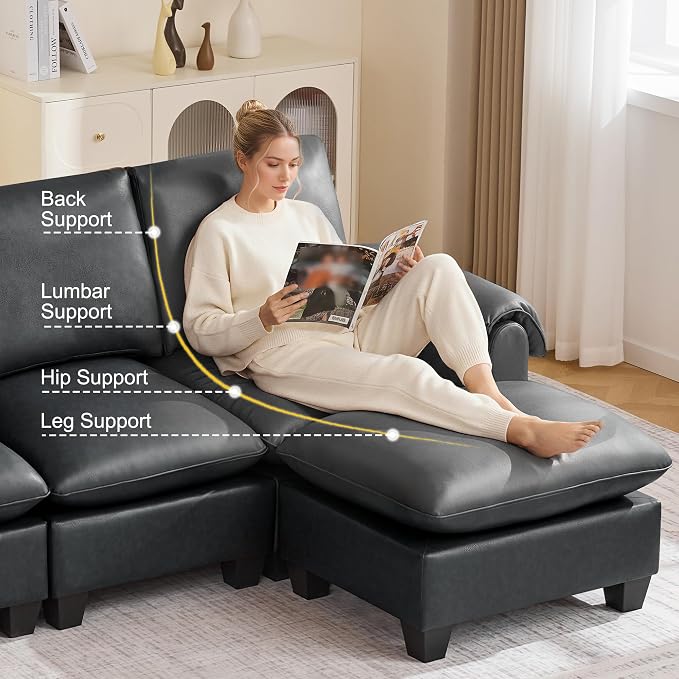 96" Faux Leather Modular Sectional Sofa with Movable Ottoman, Oversized 3 Seater Couch with Curved Armrests, Cloud Modern L-Shaped Sofa Deep Seat for Living Room, Black
