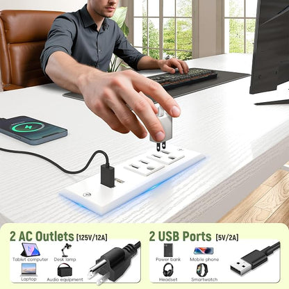 DurayLoly Computer Desk with Ergonomic Monitor Stand & CPU Stand,47.2" Gaming Desk with 1 Drawer & Power Outlet & LED Lights for Home Work, Bedroom Study and Gaming, Small Spaces,White