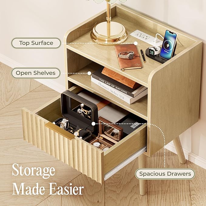 Huuger Nightstand with Charging Station, USB-C Port, Fluted Night Stand Set of 2, Bed Side Table with Drawer, Solid Wood Feet, Open Storage, End Table with Raised Edge, for Bedroom, Natural