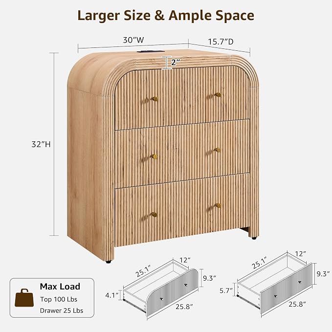 T4TREAM Fluted Dresser with 3 Drawers, 32" Tall Modern Chest of Drawers with Thickened Curved Profile Design, Wood Closet Clothes Storage Organizer for Bedroom, Living Room, Hallway, Natural Oak