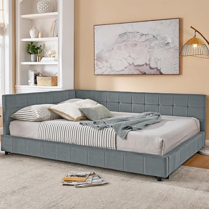 Bellemave Queen Size Corner Bed Frame with Comfortable Backrest and Armrests, Velvet Tufted Corner Bed Frame Queen Size, Upholstered Daybed for Bedroom, Living Room, Guest Room, Gary