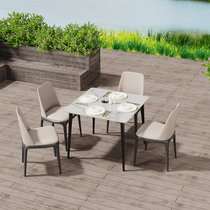 Wisfor Sintered Stone Dining Table: 32 Inch Square White Kitchen Breakfast Table with Black Metal Legs - 30 Inch High Restaurant Table for 4