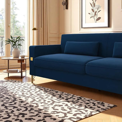 KEIKI 86" Oversized Luxury Velvet Sofa with Armrest and Removable Plush Cushions, Gold Accents 3-Seater Couch with Solid Legs, Easy Assembly, for Living Room, Bedroom, Apartment, Blue