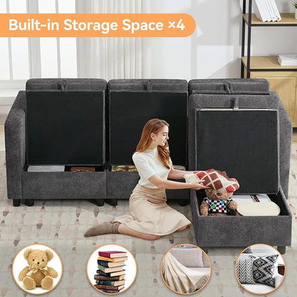 WUTUTUEE 83”Modular Convertible L Shaped Couch Set for Living Room, Modern 4 Seat Storage Modular Couch with Movable Ottoman, Chenille(Dark Grey)