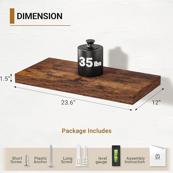 Vivelove 12 Inch Deep Floating Shelves for Wall, 24x12 Long Wall Shelves with Invisible Brackets, for Living Room Bedroom Bathroom, Farmhouse Rustic Shelves Home Decor, Set of 2, Rustic Brown