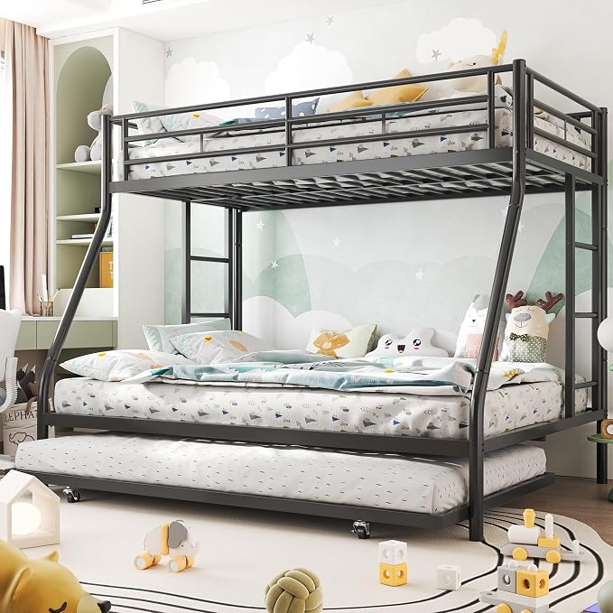 Shintenchi Bunk Bed Twin Over Full Size with Trundle, Heavy-Duty Twin&Full Frame with Full-Length Guardrail and Two Ladders, Triple for Kids, Teens and Adults, Space-Saving, Black