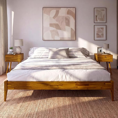 Bme Dinkee King Bed Frame Wood 15 Inch - Solid Wood Platform Bed Frame - Japanese Joinery Bed - Modern & Minimalist Style - Wood Slat Support - Easy Assembly - No Box Spring Needed - Caramel