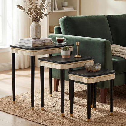 Hyfirm Black Side Table End Table Nesting Tables Set of 3, Retro Nesting Tables with Veneered Top & Gold Trim, Mid Century Modern Nesting Wood Coffee Tables for Living Room/Bedroom/Apartment