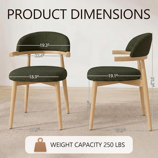 MOJAY Dining Chairs Set of 4 Natural Oak, Linen Green with Curved Armrests