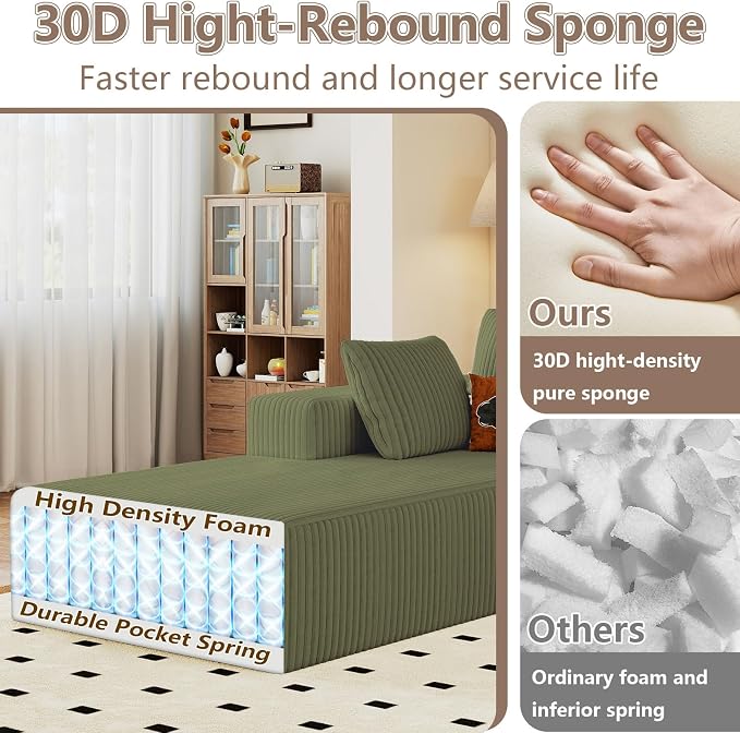 95" Cloud Sectional Couch U-Shaped Chaise with Ottoman, Corduroy Boneless Couch for Living Room Bedroom, Deep-Seat Upholstered Modular Cloud Sofa, No Assembly Required (Green, Left Facing Chaise)