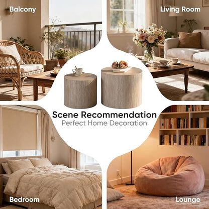Nesting Round Coffee Table Set of 2, Circle Accent End Table for Small Spaces, Morden Drum Side Table, Wooden Center Table for Living Room, Fully Assembled - Beige