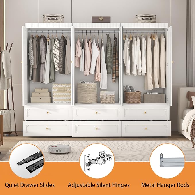 Wooden Wardrobe Closet with Doors: 75" Tall White Armoire Wardrobe Closet with 6 Drawers and 6 Doors, Modern Clothes Cabinets for Bedroom Armoires with Hanging Rod (6-Drawers, 94.5")