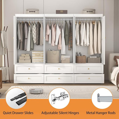Wooden Wardrobe Closet with Doors: 75" Tall White Armoire Wardrobe Closet with 6 Drawers and 6 Doors, Modern Clothes Cabinets for Bedroom Armoires with Hanging Rod (6-Drawers, 94.5")