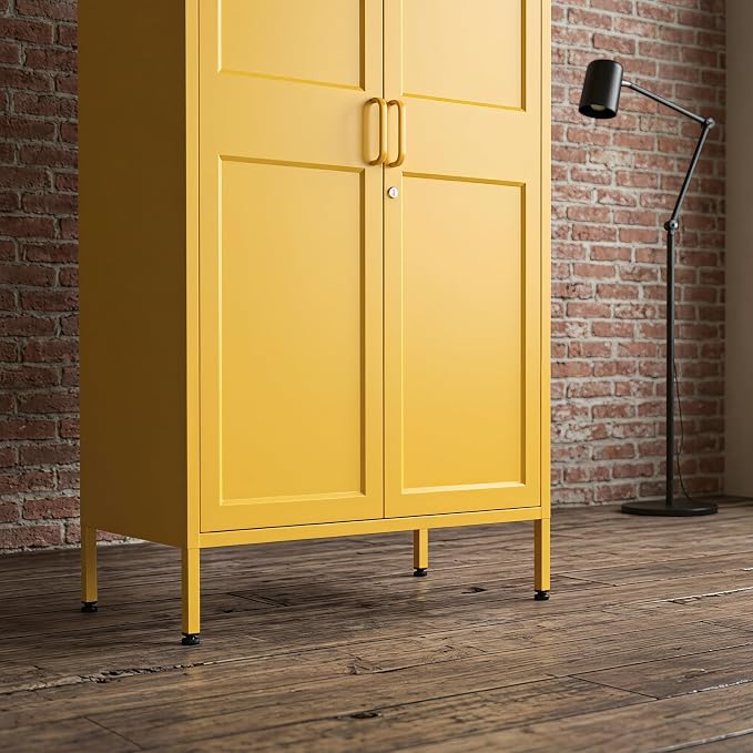 Lockable Yellow Tall Metal Wardrobe 67 Inch, Vintage Arched Door Steel Storage Cabinet with Adjustable Shelves & Leveling Feet for Home Office Bedroom Size：67" H x 31.5" W x 18.1" D