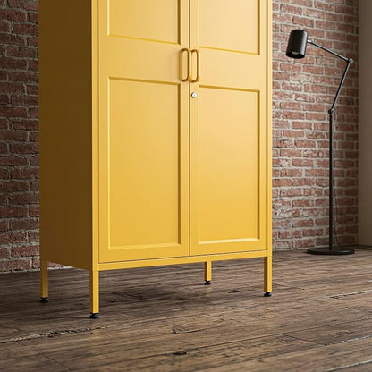 Lockable Yellow Tall Metal Wardrobe 67 Inch, Vintage Arched Door Steel Storage Cabinet with Adjustable Shelves & Leveling Feet for Home Office Bedroom Size：67" H x 31.5" W x 18.1" D