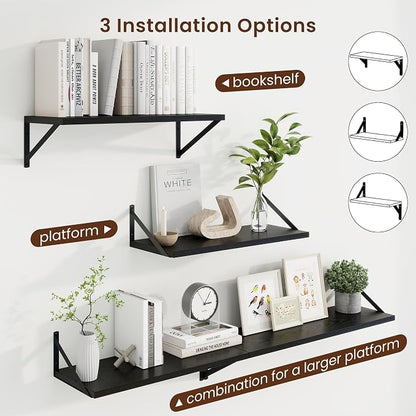 Axeman 10 Inch Deep Black Floating Shelves for Wall Set of 2 | 24 Inch Black Wood Shelves for Books, 24'' x 10'' Black Shelves for Living Room Bathroom Kitchen