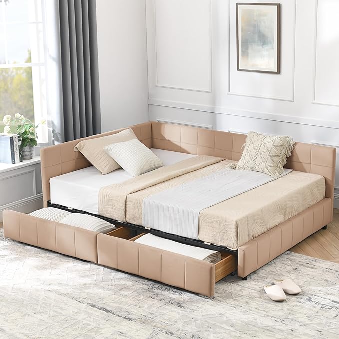 Bellemave Full Size Corner Bed Frame with Storage Drawers, Comfortable Backrest and Armrests, Velvet Tufted Corner Bed Frame Full Size, Upholstered Daybed for Bedroom, Living Room, Guest Room, Pink