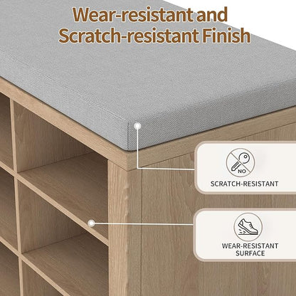 Shoe Rack Bench, Shoe Storage Bench with Cushion, Shoe Organizer 16 Cubbies for Entryway Hallway Bedroom Living Room, Holds Up to 400lbs